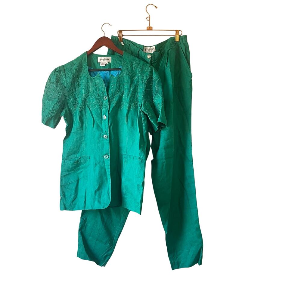 Vintage 60s linen‎ green embroidered blouse and pant set size 12